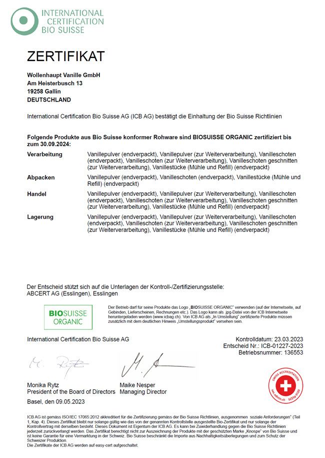 BIOSUISSE ORGANIC Zertifikat Wollenhaupt Vanille