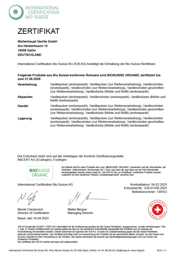 BIOSUISSE ORGANIC Zertifikat Wollenhaupt Vanille