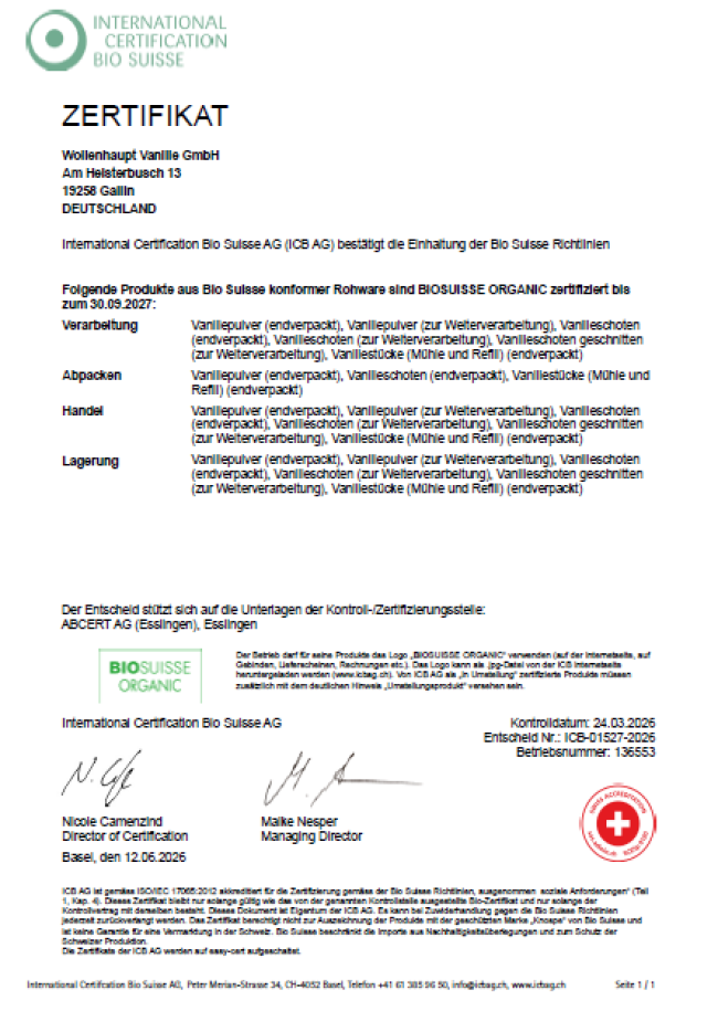 BIOSUISSE ORGANIC Zertifikat Wollenhaupt Vanille